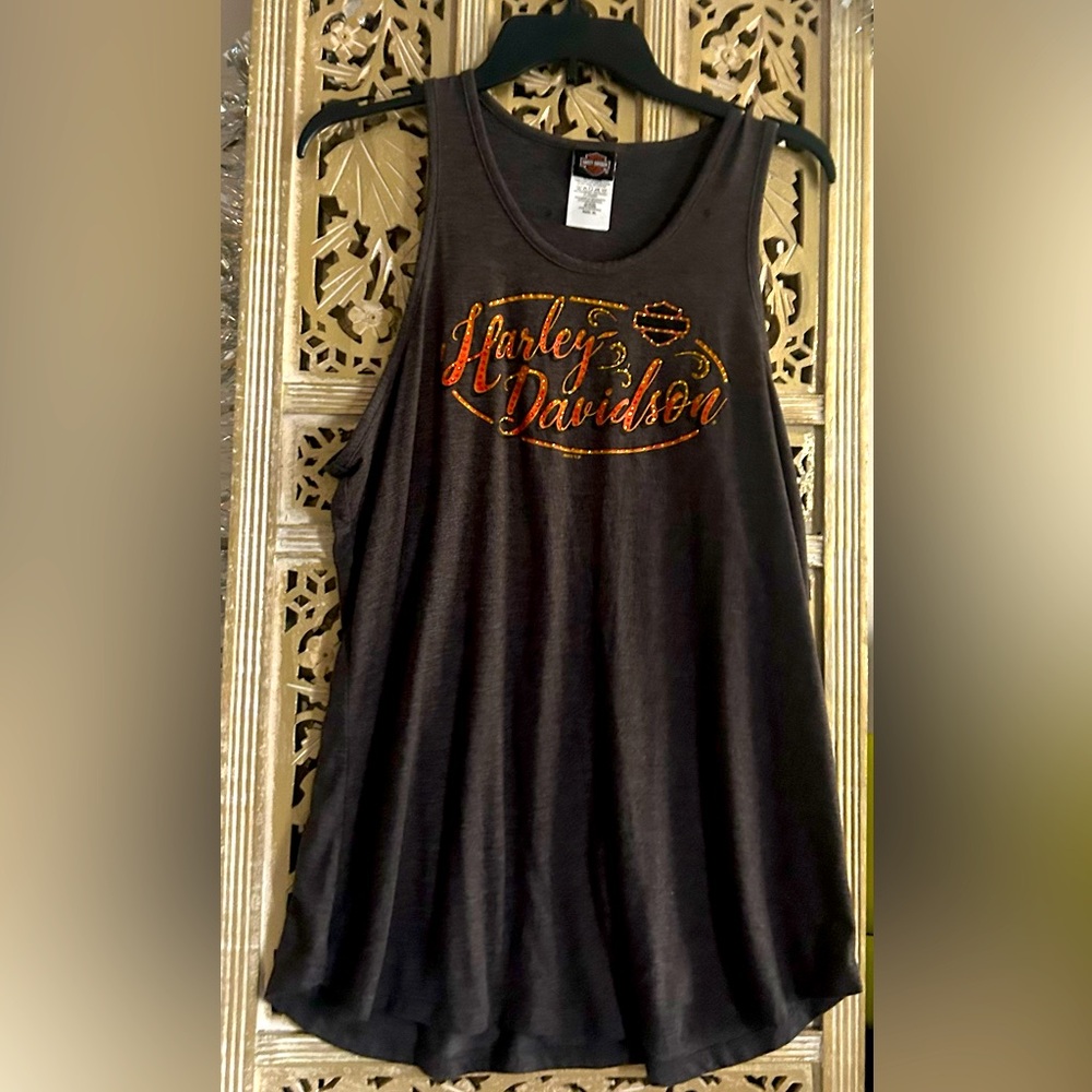 Harley-Davidson Women's Black and Brown Orange Logo Tank Top Rhinestones Glam